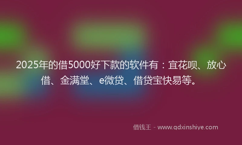 2025年的借5000好下款的软件有：宜花呗、放心借、金满堂、e微贷、借贷宝快易等。