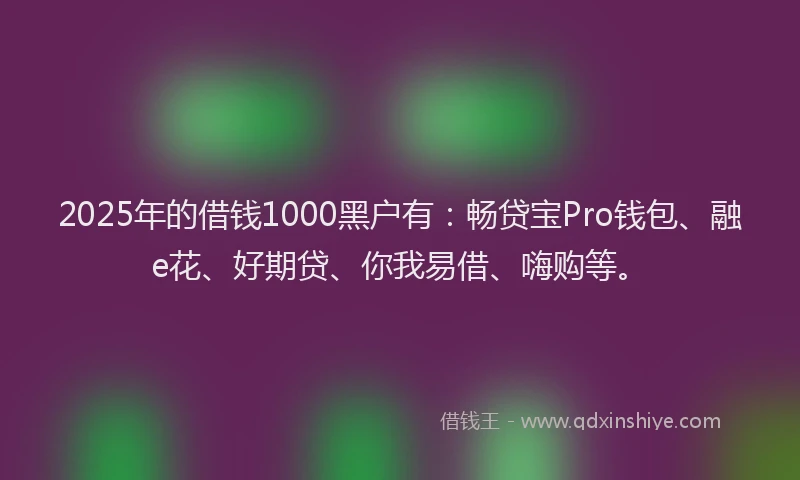 2025年的借钱1000黑户有：畅贷宝Pro钱包、融e花、好期贷、你我易借、嗨购等。