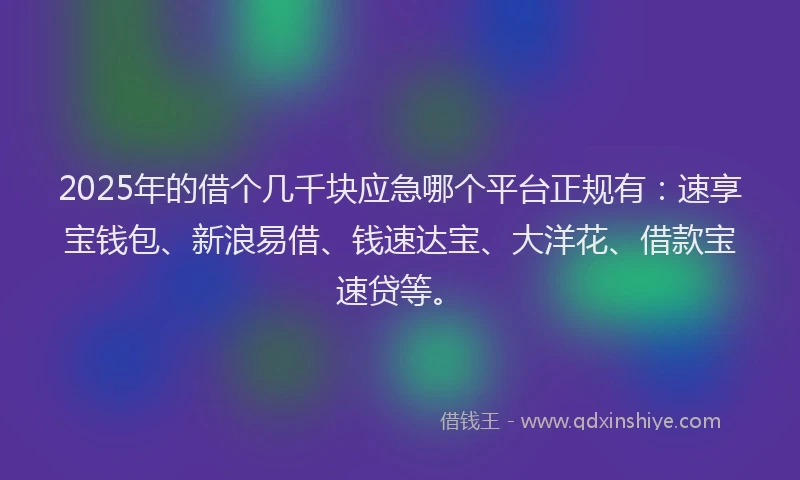 2025年的借个几千块应急哪个平台正规有：速享宝钱包、新浪易借、钱速达宝、大洋花、借款宝速贷等。
