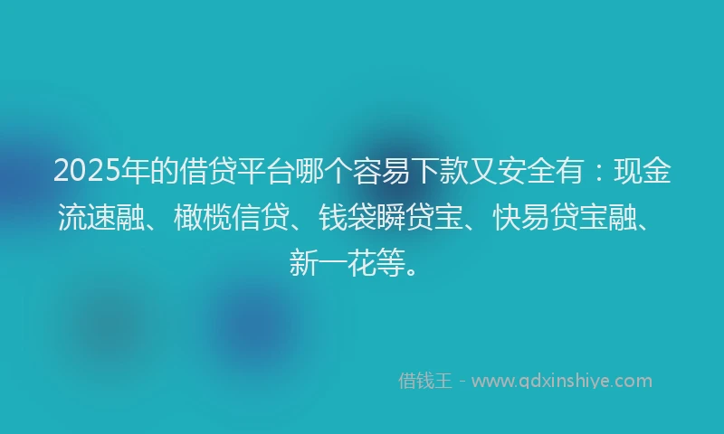 2025年的借贷平台哪个容易下款又安全有:现金流速融、橄榄信贷、钱袋瞬贷宝、快易贷宝融、新一花等。