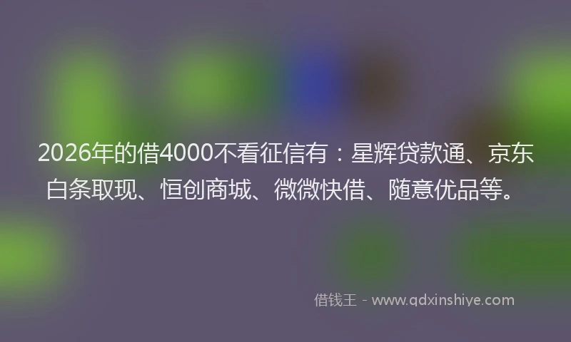 2026年的借4000不看征信有：星辉贷款通、京东白条取现、恒创商城、微微快借、随意优品等。