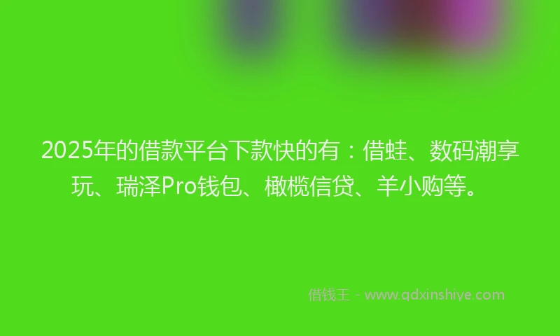 2025年的借款平台下款快的有：借蛙、数码潮享玩、瑞泽Pro钱包、橄榄信贷、羊小购等。