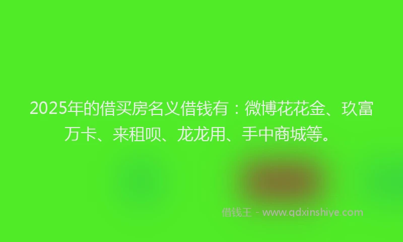 2025年的借买房名义借钱有：微博花花金、玖富万卡、来租呗、龙龙用、手中商城等。