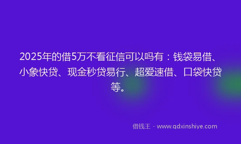 2025年的借5万不看征信可以吗有:钱袋易借、小象快贷、现金秒贷易行、超爱速借、口袋快贷等。