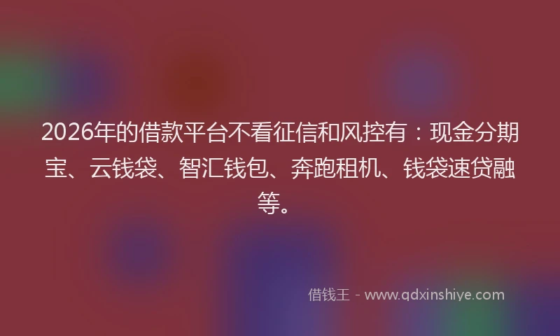 2026年的借款平台不看征信和风控有：现金分期宝、云钱袋、智汇钱包、奔跑租机、钱袋速贷融等。