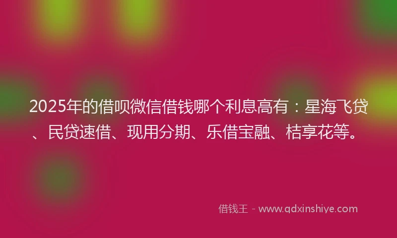 2025年的借呗微信借钱哪个利息高有:星海飞贷、民贷速借、现用分期、乐借宝融、桔享花等。