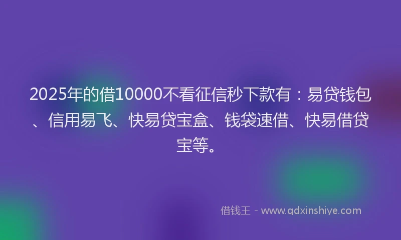 2025年的借10000不看征信秒下款有:易贷钱包、信用易飞、快易贷宝盒、钱袋速借、快易借贷宝等。