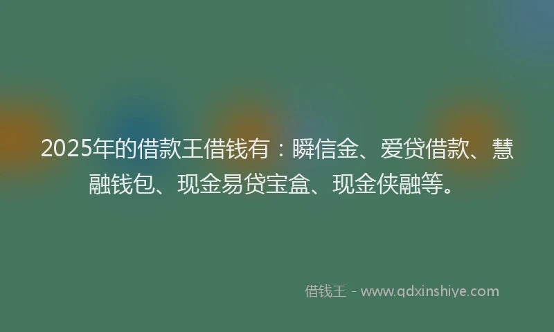 2025年的借款王借钱有：瞬信金、爱贷借款、慧融钱包、现金易贷宝盒、现金侠融等。