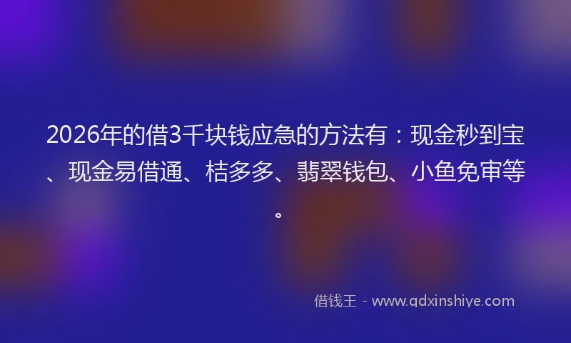2026年的借3千块钱应急的方法有：现金秒到宝、现金易借通、桔多多、翡翠钱包、小鱼免审等。