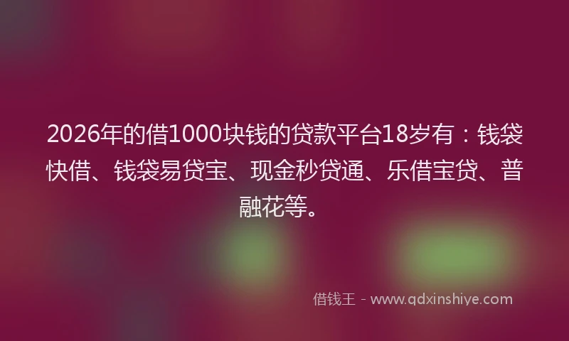 2026年的借1000块钱的贷款平台18岁有：钱袋快借、钱袋易贷宝、现金秒贷通、乐借宝贷、普融花等。