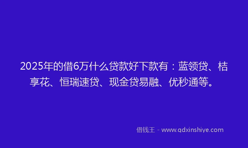 2025年的借6万什么贷款好下款有：蓝领贷、桔享花、恒瑞速贷、现金贷易融、优秒通等。