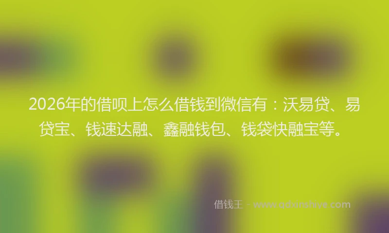 2026年的借呗上怎么借钱到微信有：沃易贷、易贷宝、钱速达融、鑫融钱包、钱袋快融宝等。