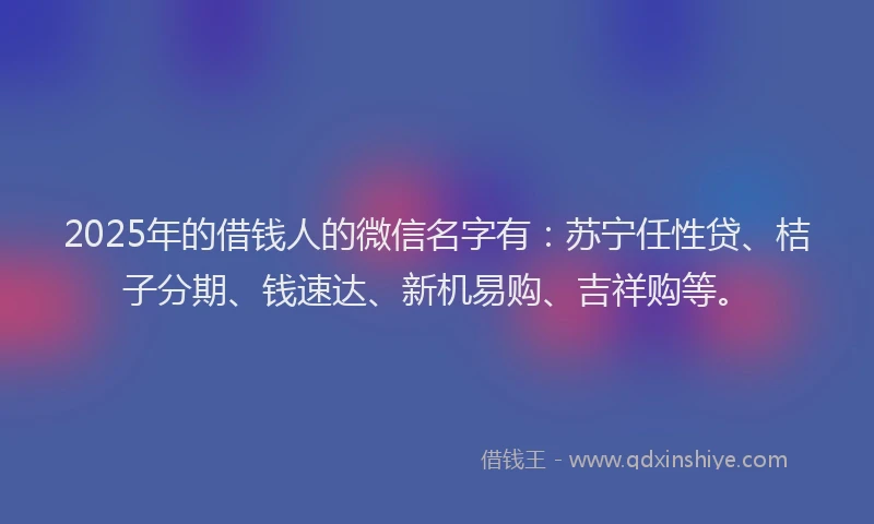 2025年的借钱人的微信名字有：苏宁任性贷、桔子分期、钱速达、新机易购、吉祥购等。