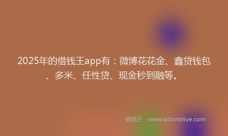 2025年的借钱王app有:微博花花金、鑫贷钱包、多米、任性贷、现金秒到融等。