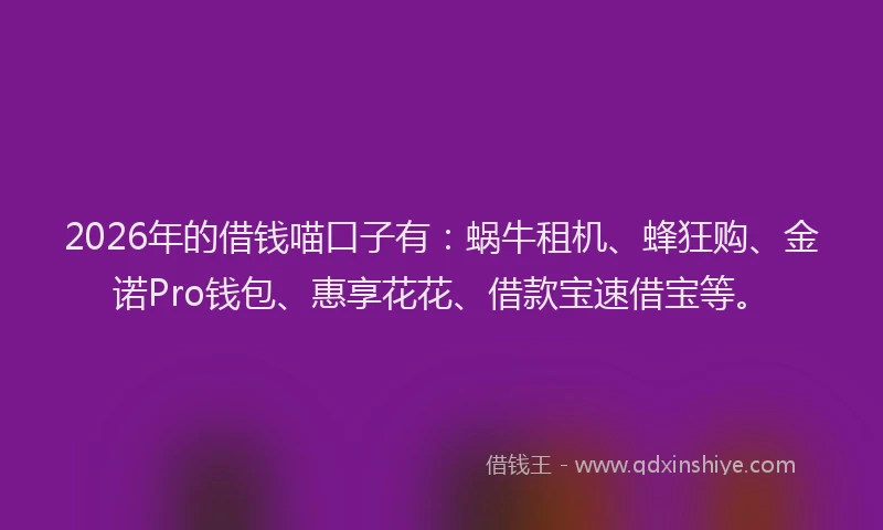 2026年的借钱喵口子有:蜗牛租机、蜂狂购、金诺Pro钱包、惠享花花、借款宝速借宝等。