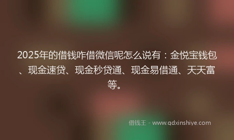 2025年的借钱咋借微信呢怎么说有:金悦宝钱包、现金速贷、现金秒贷通、现金易借通、天天富等。