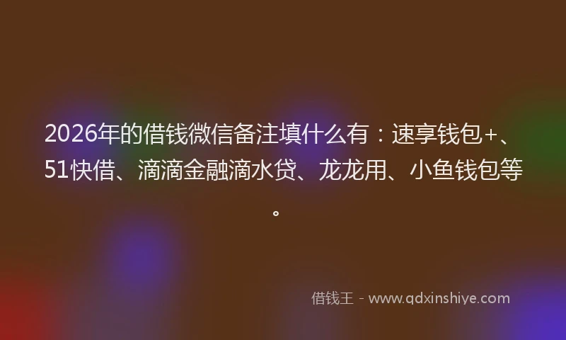 2026年的借钱微信备注填什么有：速享钱包+、51快借、滴滴金融滴水贷、龙龙用、小鱼钱包等。