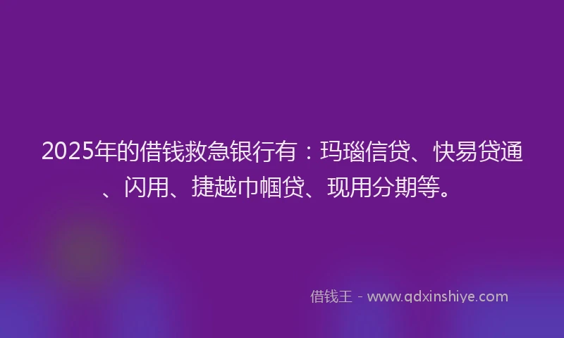 2025年的借钱救急银行有：玛瑙信贷、快易贷通、闪用、捷越巾帼贷、现用分期等。