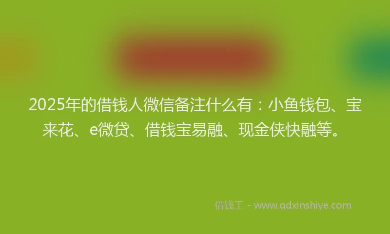 2025年的借钱人微信备注什么有:小鱼钱包、宝来花、e微贷、借钱宝易融、现金侠快融等。