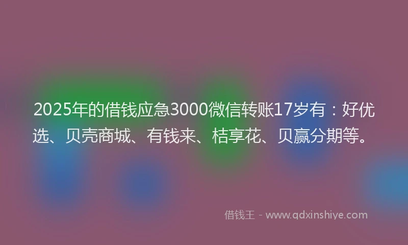 2025年的借钱应急3000微信转账17岁有：好优选、贝壳商城、有钱来、桔享花、贝赢分期等。