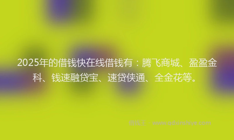 2025年的借钱快在线借钱有：腾飞商城、盈盈金科、钱速融贷宝、速贷侠通、全金花等。