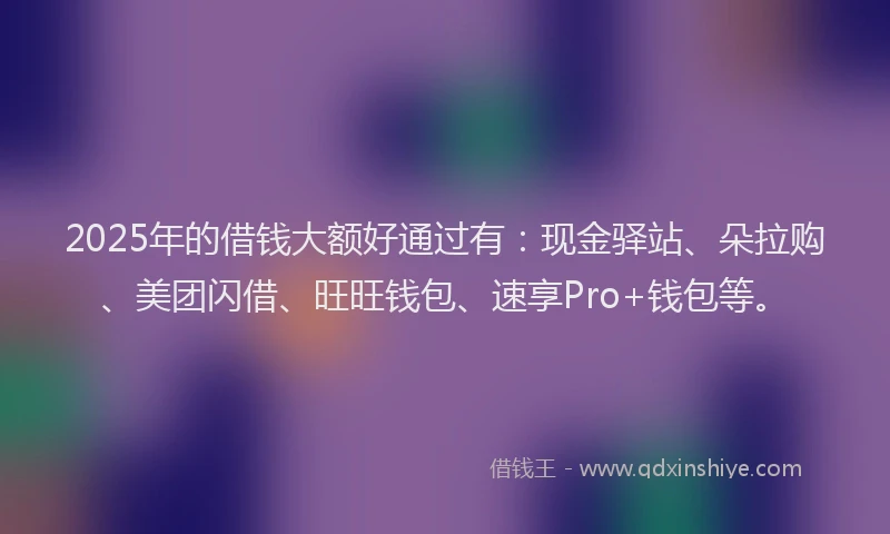 2025年的借钱大额好通过有:现金驿站、朵拉购、美团闪借、旺旺钱包、速享Pro+钱包等。