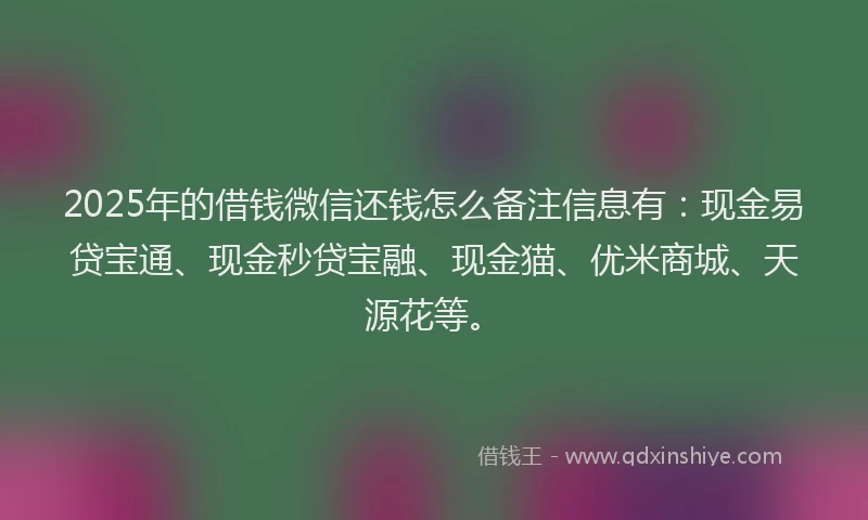 2025年的借钱微信还钱怎么备注信息有:现金易贷宝通、现金秒贷宝融、现金猫、优米商城、天源花等。
