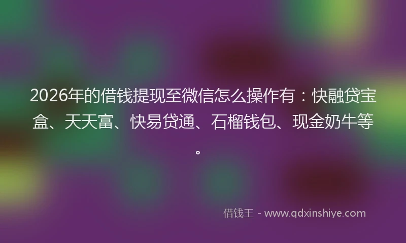 2026年的借钱提现至微信怎么操作有:快融贷宝盒、天天富、快易贷通、石榴钱包、现金奶牛等。