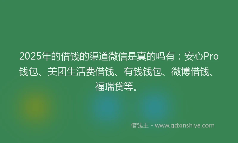 2025年的借钱的渠道微信是真的吗有：安心Pro钱包、美团生活费借钱、有钱钱包、微博借钱、福瑞贷等。