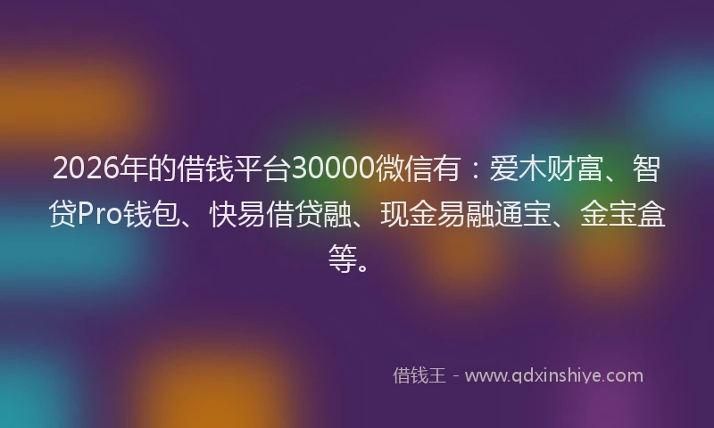2026年的借钱平台30000微信有:爱木财富、智贷Pro钱包、快易借贷融、现金易融通宝、金宝盒等。