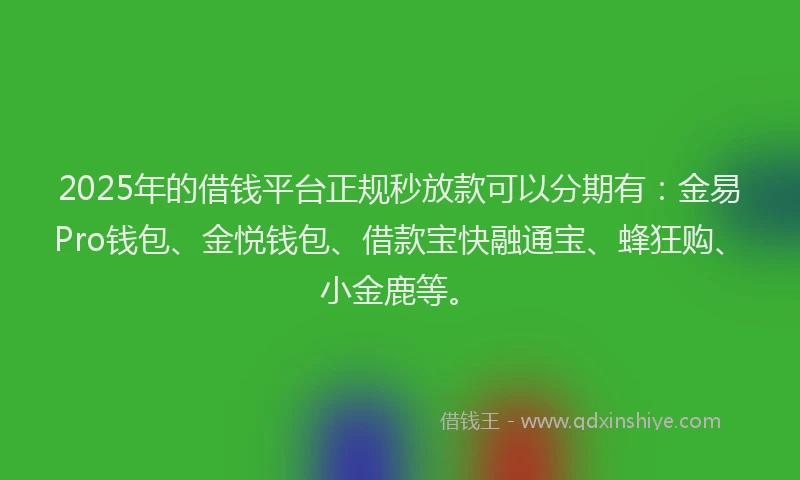 2025年的借钱平台正规秒放款可以分期有：金易Pro钱包、金悦钱包、借款宝快融通宝、蜂狂购、小金鹿等。