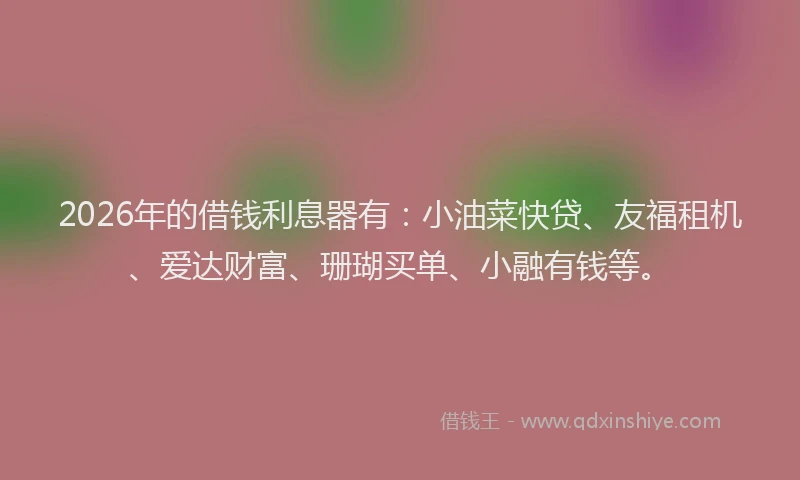 2026年的借钱利息器有：小油菜快贷、友福租机、爱达财富、珊瑚买单、小融有钱等。