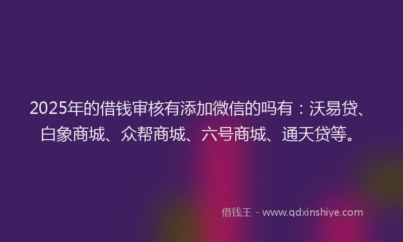 2025年的借钱审核有添加微信的吗有：沃易贷、白象商城、众帮商城、六号商城、通天贷等。