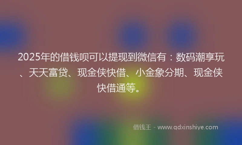 2025年的借钱呗可以提现到微信有：数码潮享玩、天天富贷、现金侠快借、小金象分期、现金侠快借通等。
