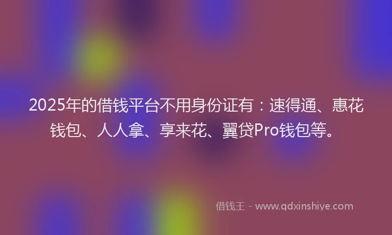 2025年的借钱平台不用身份证有：速得通、惠花钱包、人人拿、享来花、翼贷Pro钱包等。