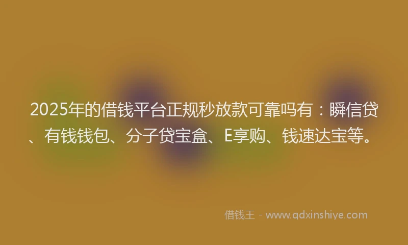 2025年的借钱平台正规秒放款可靠吗有：瞬信贷、有钱钱包、分子贷宝盒、E享购、钱速达宝等。