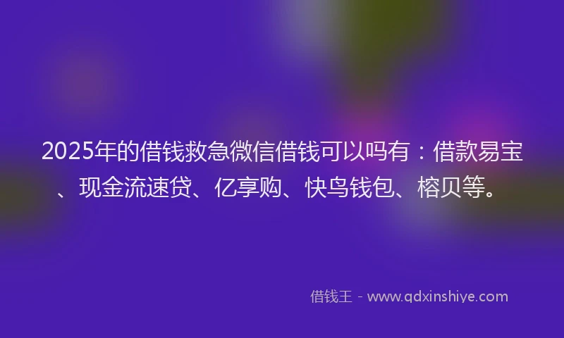 2025年的借钱救急微信借钱可以吗有：借款易宝、现金流速贷、亿享购、快鸟钱包、榕贝等。