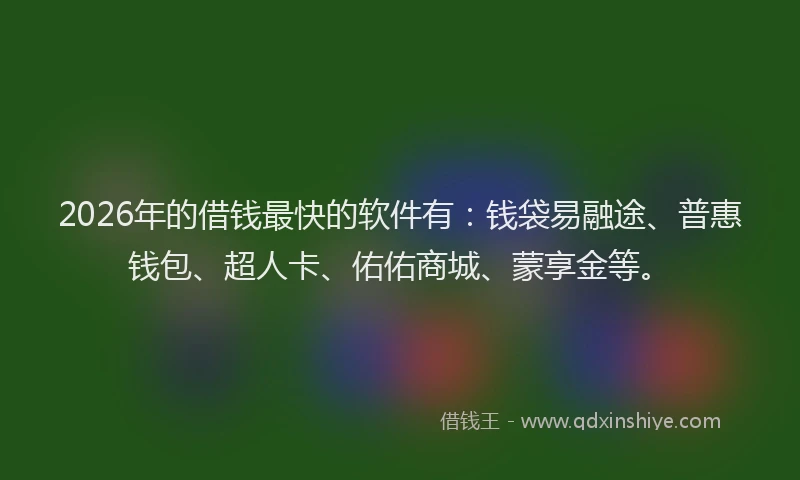 2026年的借钱最快的软件有：钱袋易融途、普惠钱包、超人卡、佑佑商城、蒙享金等。