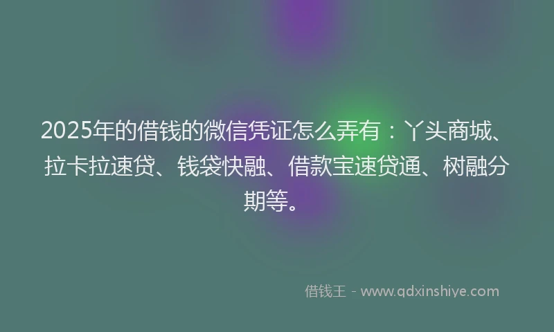 2025年的借钱的微信凭证怎么弄有:丫头商城、拉卡拉速贷、钱袋快融、借款宝速贷通、树融分期等。