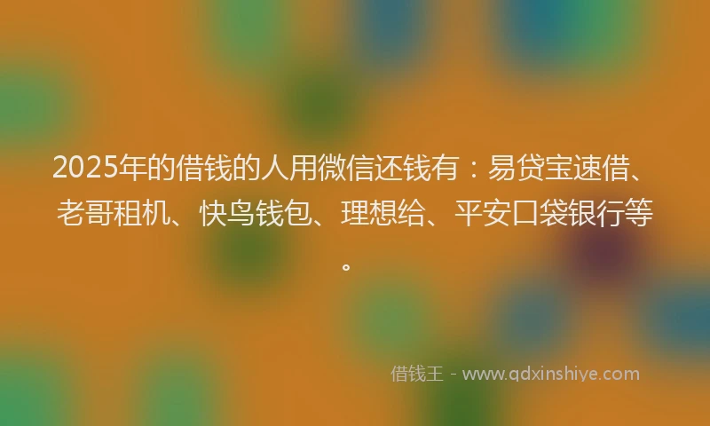 2025年的借钱的人用微信还钱有：易贷宝速借、老哥租机、快鸟钱包、理想给、平安口袋银行等。