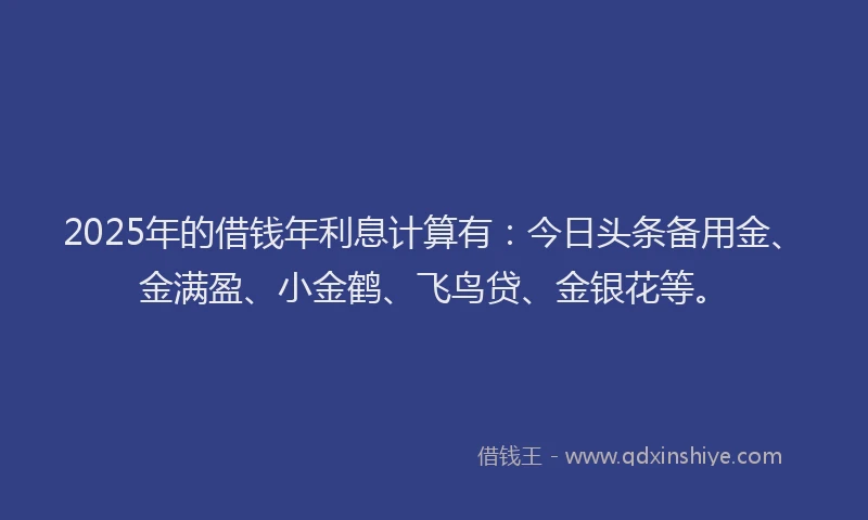 2025年的借钱年利息计算有:今日头条备用金、金满盈、小金鹤、飞鸟贷、金银花等。