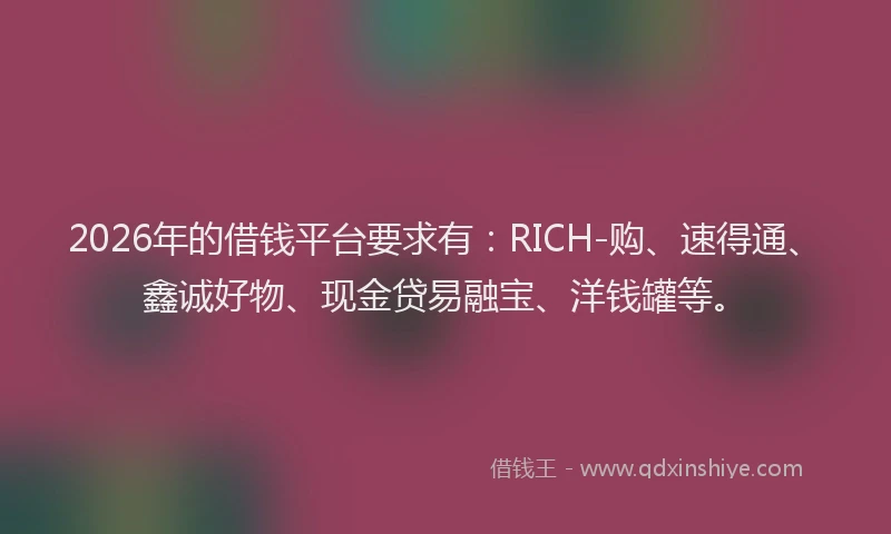 2026年的借钱平台要求有：RICH-购、速得通、鑫诚好物、现金贷易融宝、洋钱罐等。