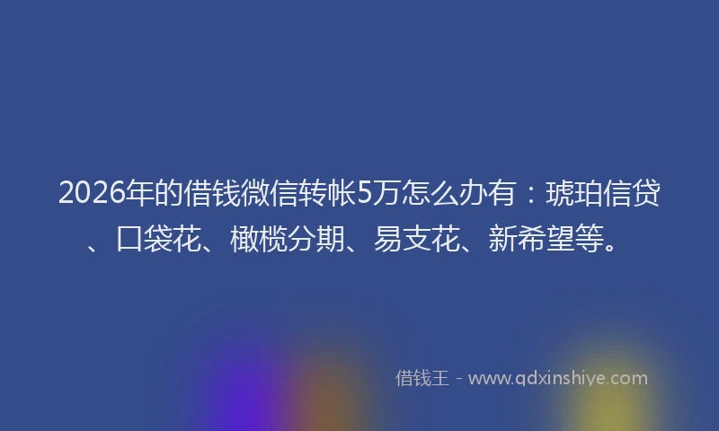 2026年的借钱微信转帐5万怎么办有：琥珀信贷、口袋花、橄榄分期、易支花、新希望等。
