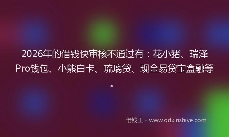 2026年的借钱快审核不通过有：花小猪、瑞泽Pro钱包、小熊白卡、琉璃贷、现金易贷宝盒融等。