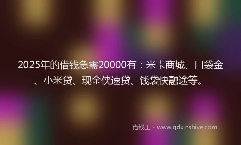 2025年的借钱急需20000有:米卡商城、口袋金、小米贷、现金侠速贷、钱袋快融途等。