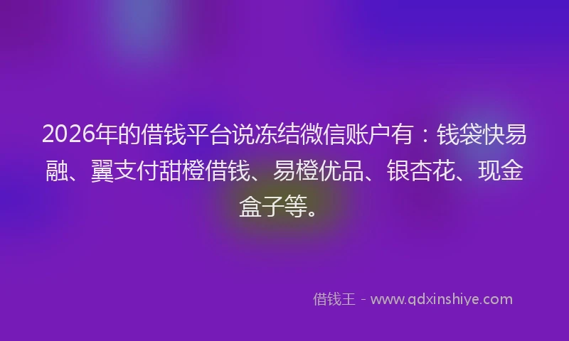 2026年的借钱平台说冻结微信账户有：钱袋快易融、翼支付甜橙借钱、易橙优品、银杏花、现金盒子等。
