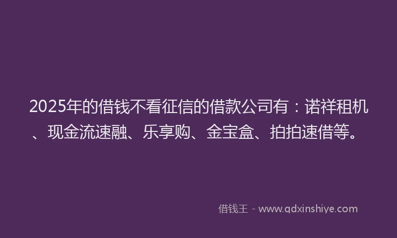 2025年的借钱不看征信的借款公司有：诺祥租机、现金流速融、乐享购、金宝盒、拍拍速借等。