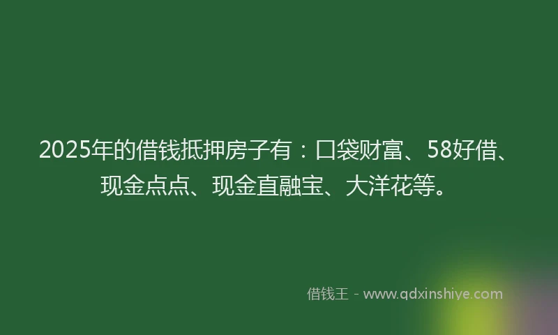 2025年的借钱抵押房子有：口袋财富、58好借、现金点点、现金直融宝、大洋花等。