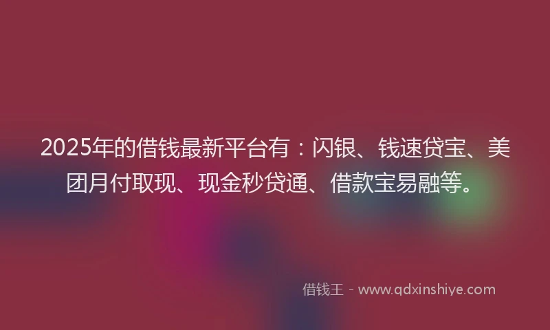 2025年的借钱最新平台有：闪银、钱速贷宝、美团月付取现、现金秒贷通、借款宝易融等。