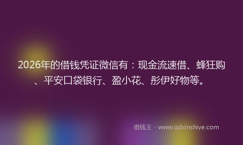 2026年的借钱凭证微信有:现金流速借、蜂狂购、平安口袋银行、盈小花、彤伊好物等。